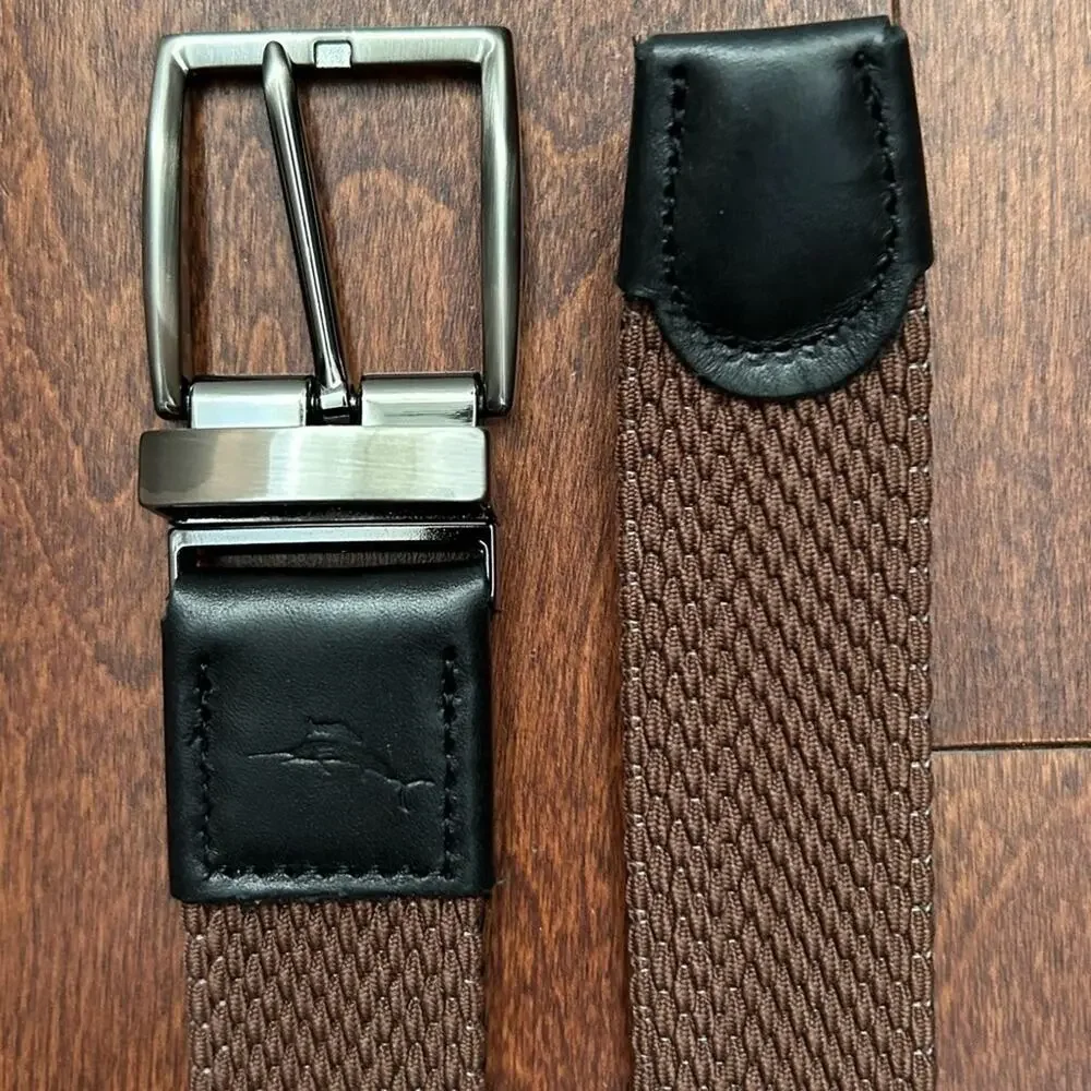 Tommy Bahama Men’s Brown Webbed Belt with Black Leather Trim, Size Large/XL